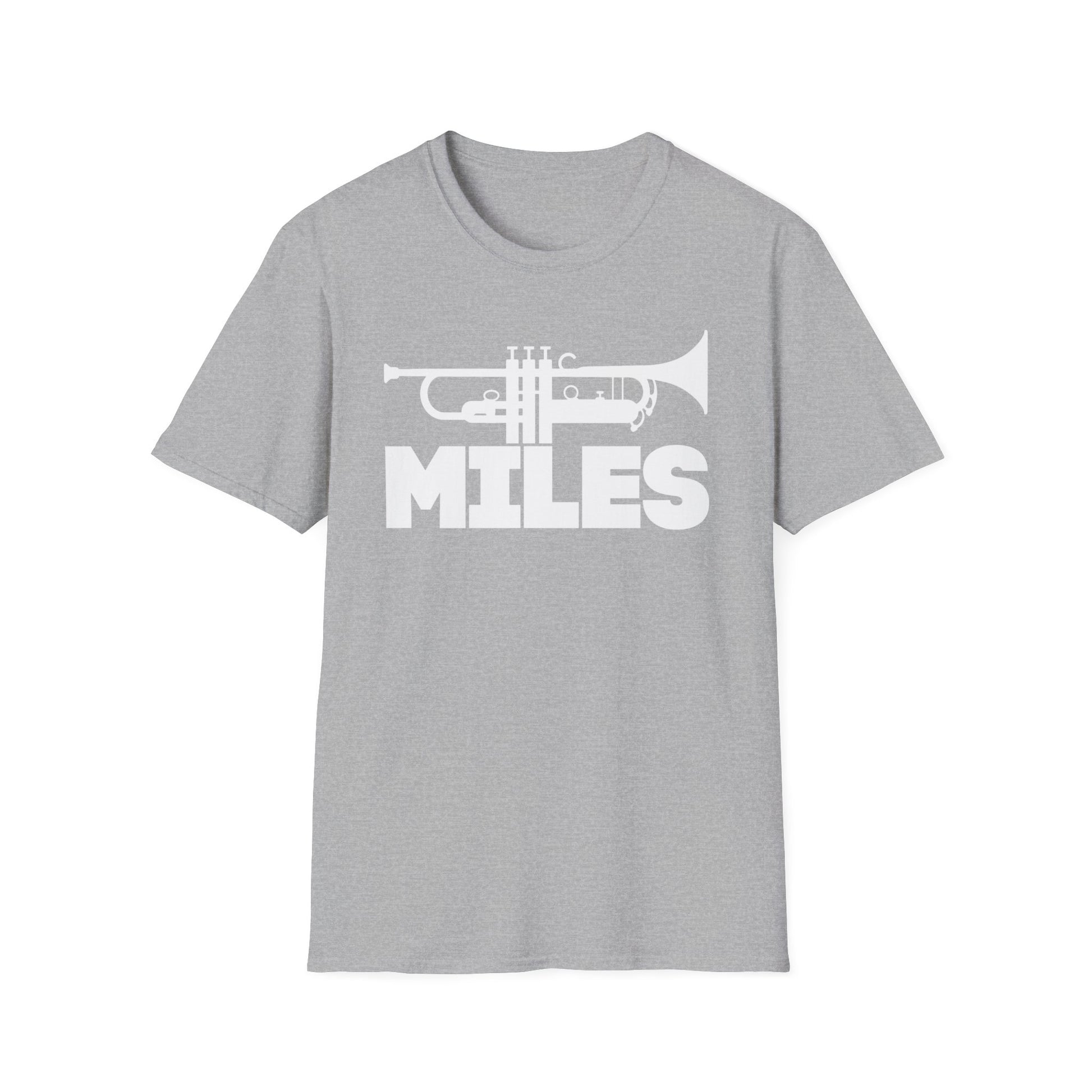 Grey t-shirt with white trumpet silhouette and "MILES" graphic.