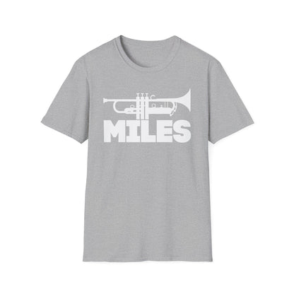 Grey t-shirt with white trumpet silhouette and "MILES" graphic.