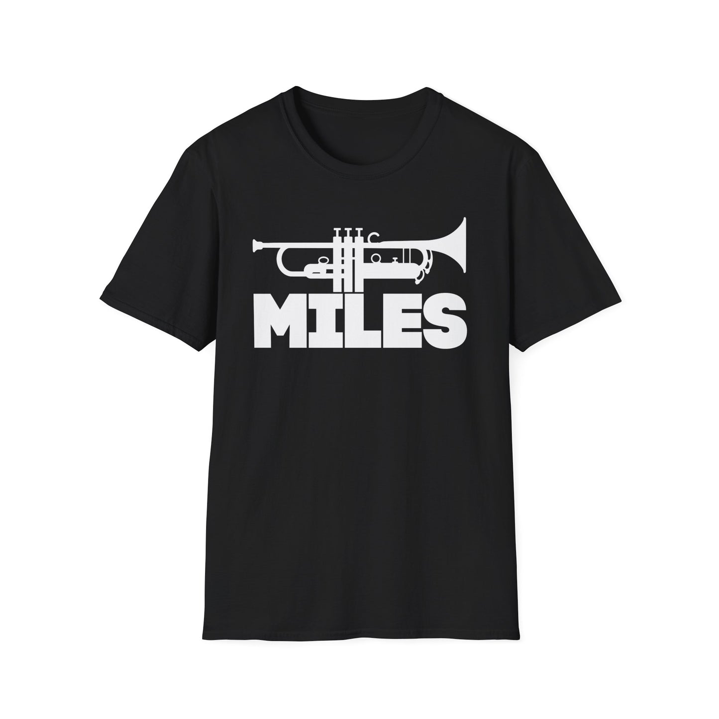 Black t-shirt with white trumpet graphic and "MILES" text.