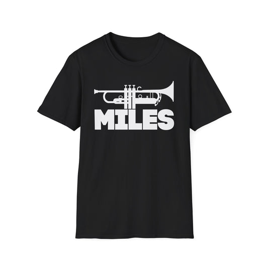 Black t-shirt with white trumpet graphic and "MILES" text.