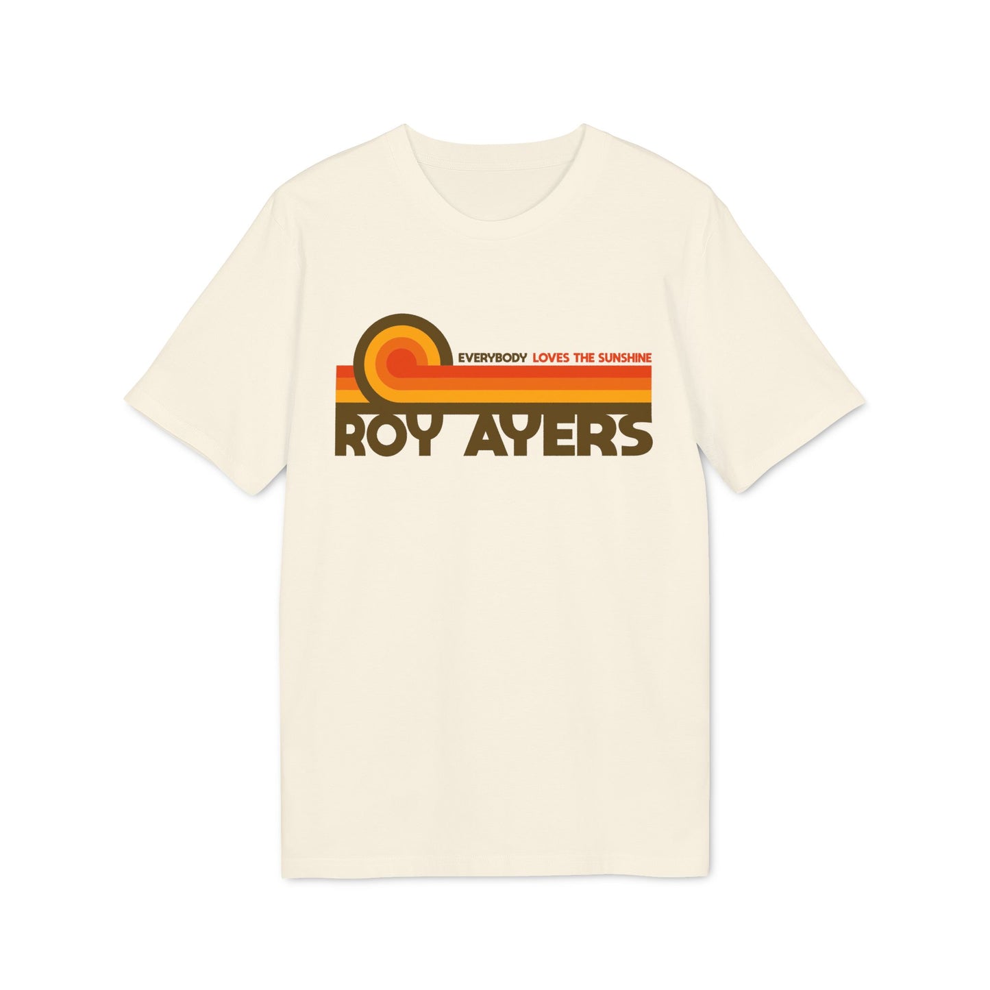 Cream t-shirt with Roy Ayers music graphic and "Everybody Loves the Sunshine" text.