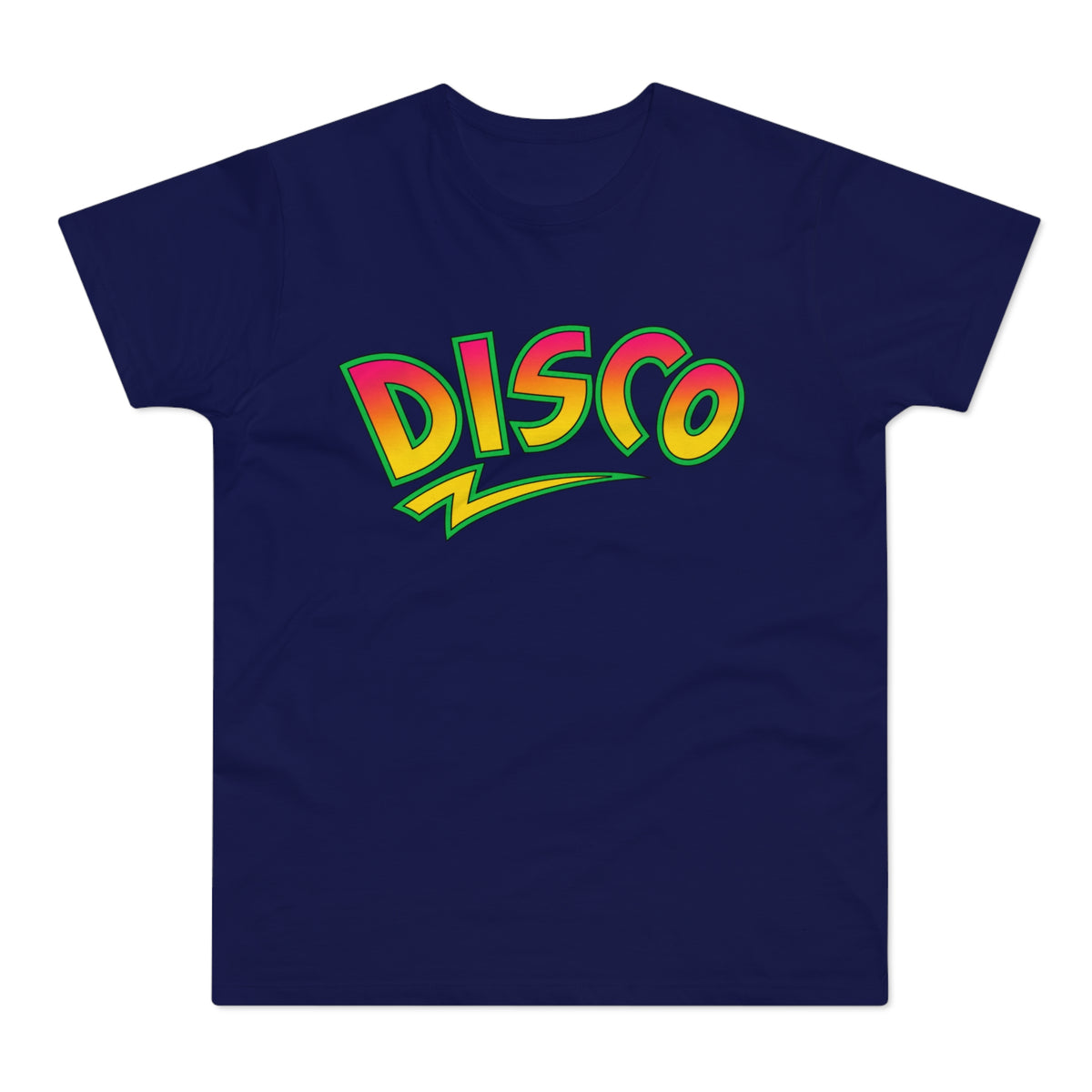 Navy t-shirt with "DISCO" text in a vibrant gradient and a green outline.