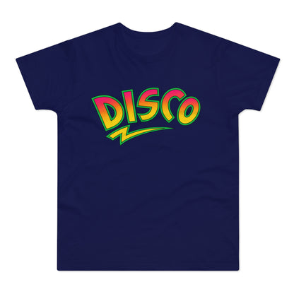 Navy t-shirt with "DISCO" text in a vibrant gradient and a green outline.