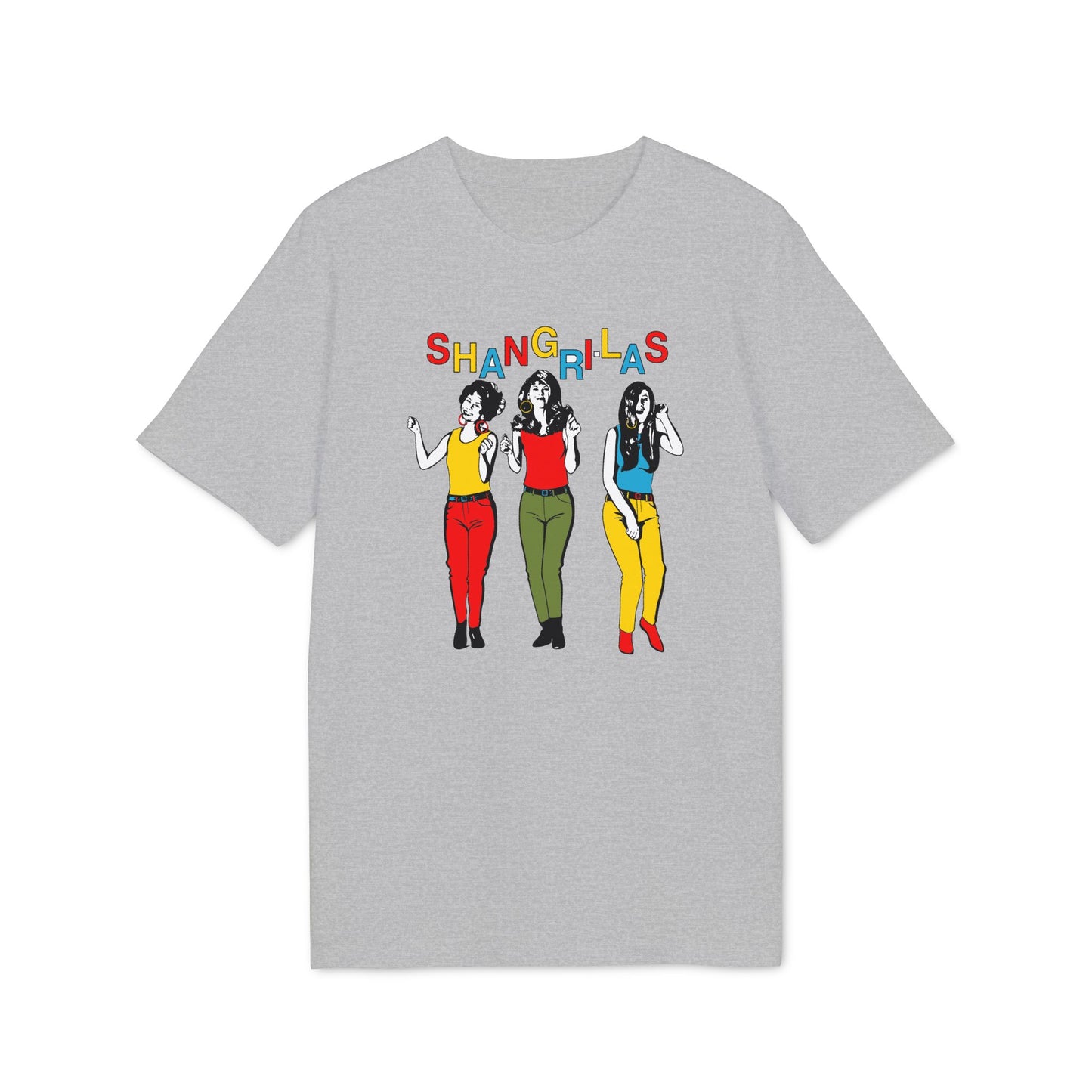 Grey t-shirt with "SHANGRI-LAS" text and colorful illustration of three women.