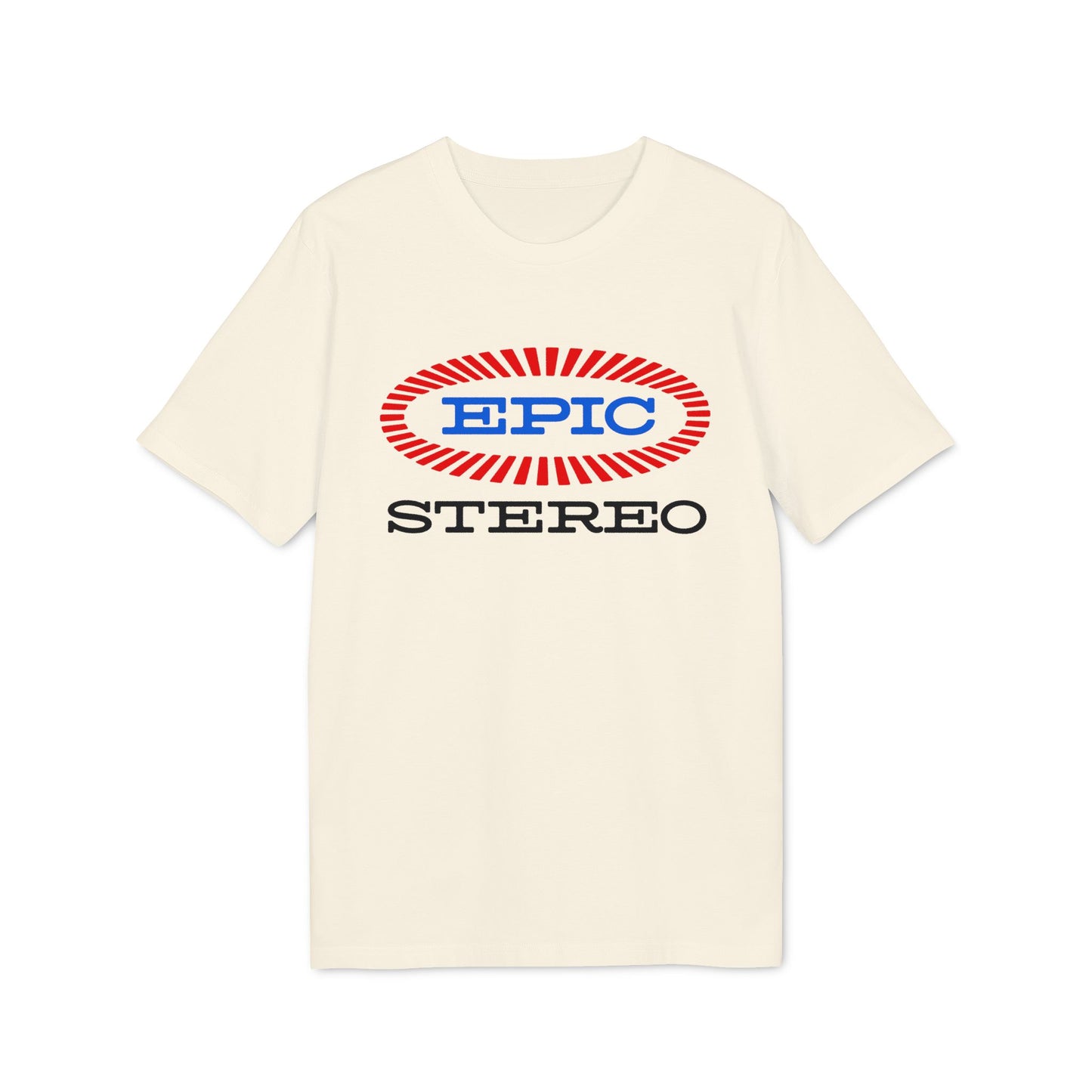 Cream t-shirt with oval "EPIC" logo and "STEREO" text below.