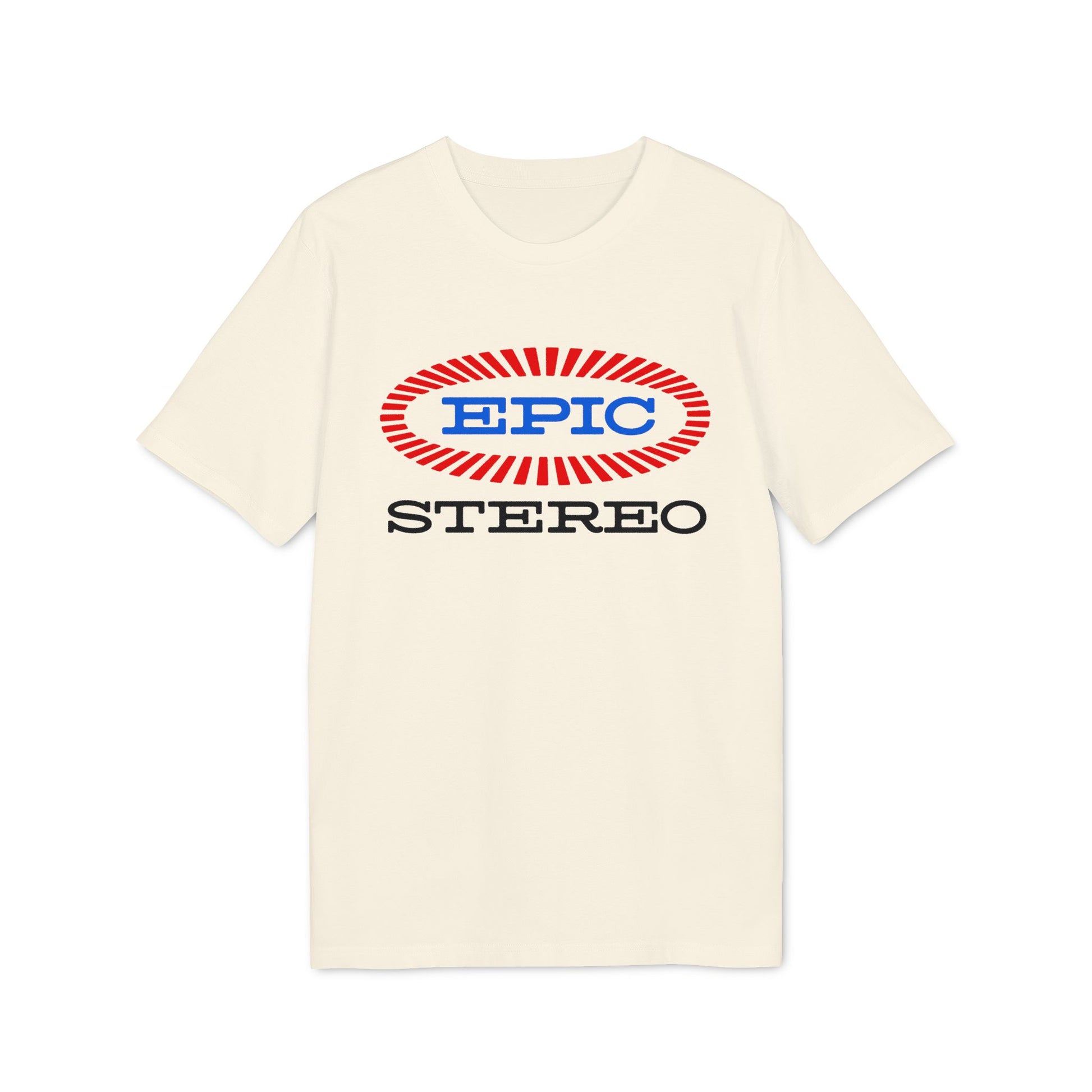 Cream t-shirt with oval "EPIC" logo and "STEREO" text below.