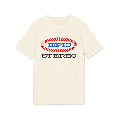Cream t-shirt with oval "EPIC" logo and "STEREO" text below.
