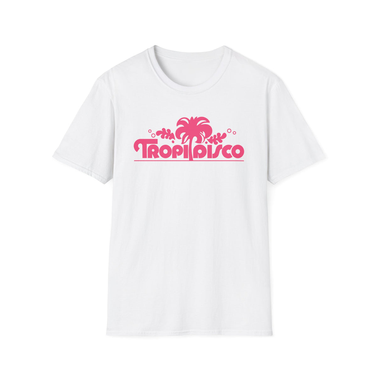 White t-shirt with pink "Tropi Disco" text and palm tree graphic.
