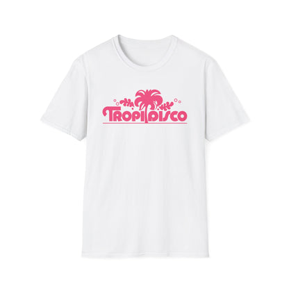 White t-shirt with pink "Tropi Disco" text and palm tree graphic.