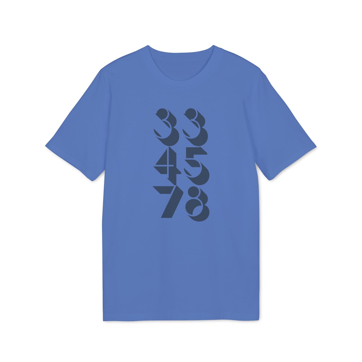 Blue t-shirt with abstract numbers 334578 graphic design.