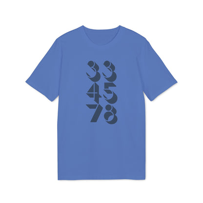 Blue t-shirt with abstract numbers 334578 graphic design.