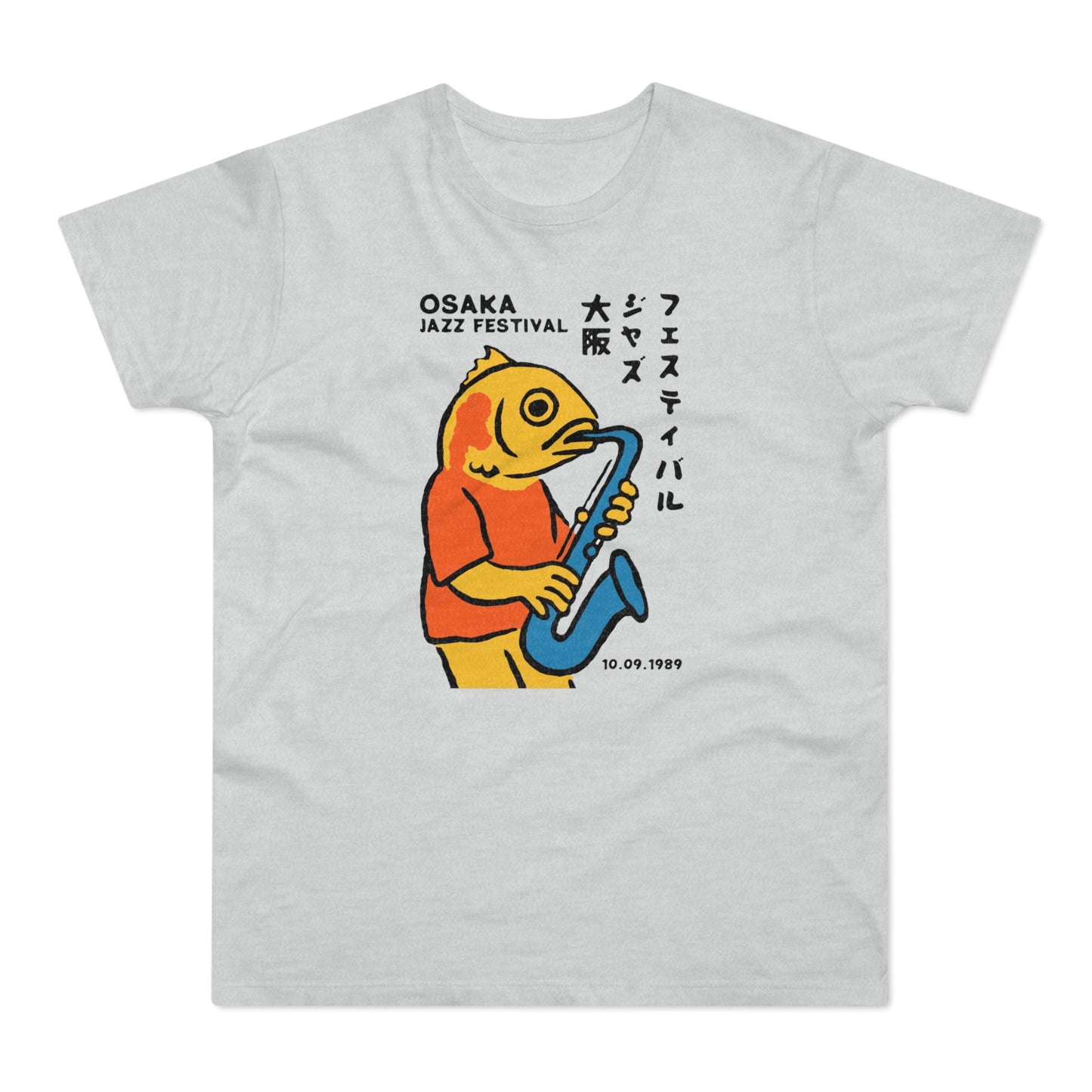 Light grey t-shirt with Osaka Jazz Festival graphic of a yellow fish playing a saxophone.