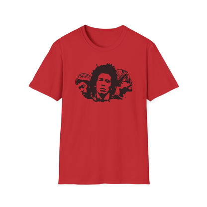 Red t-shirt with a black silhouette of Bob Marley and two other figures.