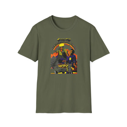 Jimmy Cliff shirt with "The Harder They Come" album art featuring dynamic figures and vehicles.