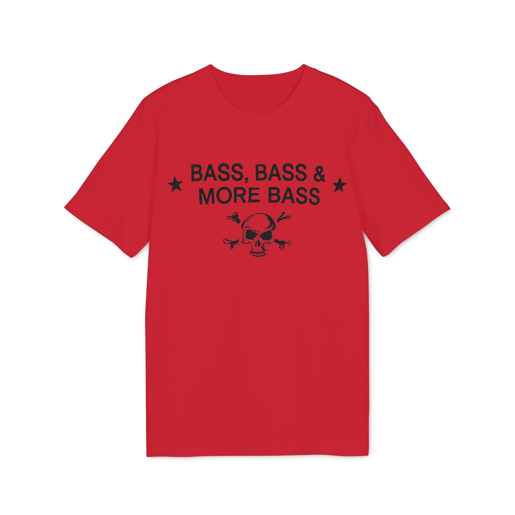Red t-shirt with black text "BASS, BASS & MORE BASS" and skull with crossbones.