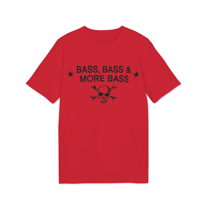 Red t-shirt with black text "BASS, BASS & MORE BASS" and skull with crossbones.