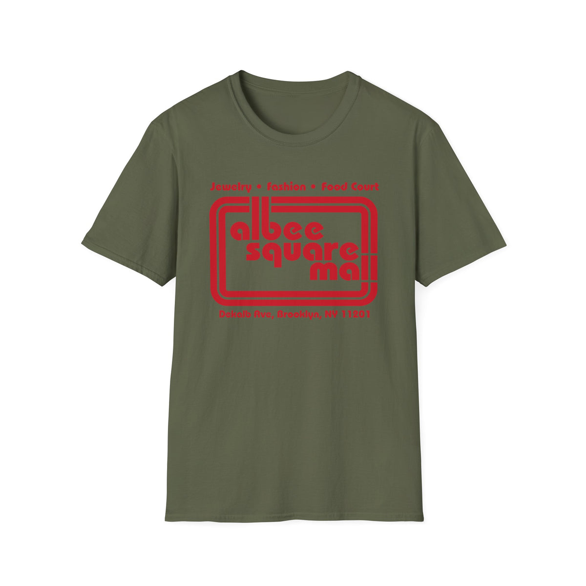 Olive green t-shirt with red "Albee Square Mall" logo and address.