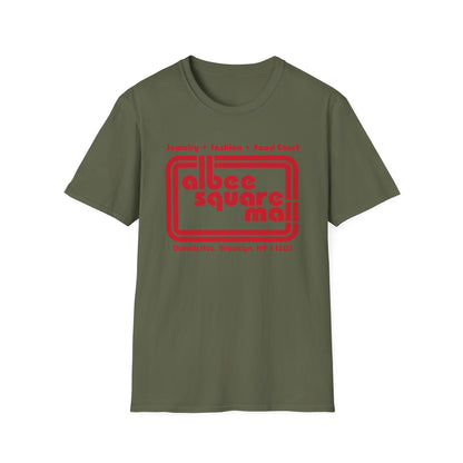 Olive green t-shirt with red "Albee Square Mall" logo and address.