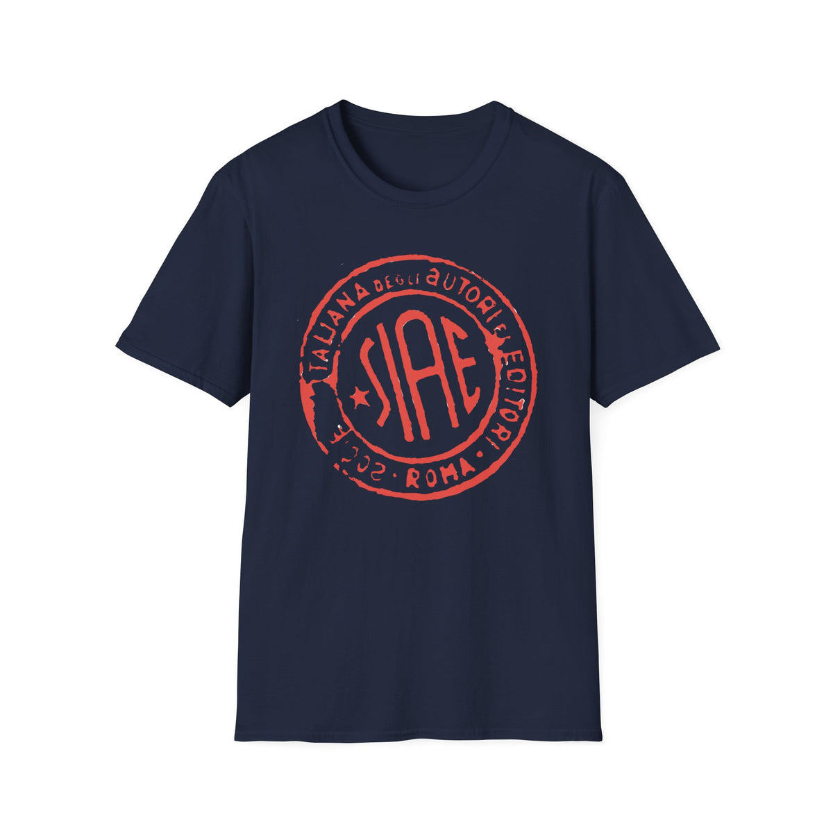 Navy t-shirt with red "SIAE ITALIANA DEGLI AUTORI EDITOR 2002 ROMA" circular logo.