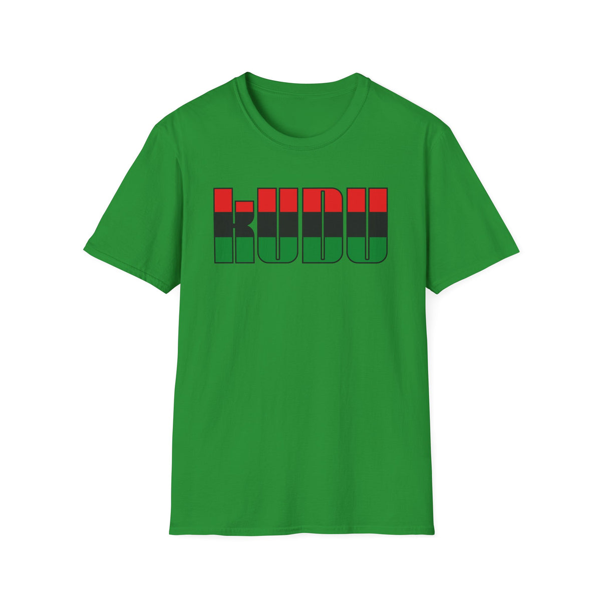 Green t-shirt with "KU DU" text in black outlined red and green blocks.