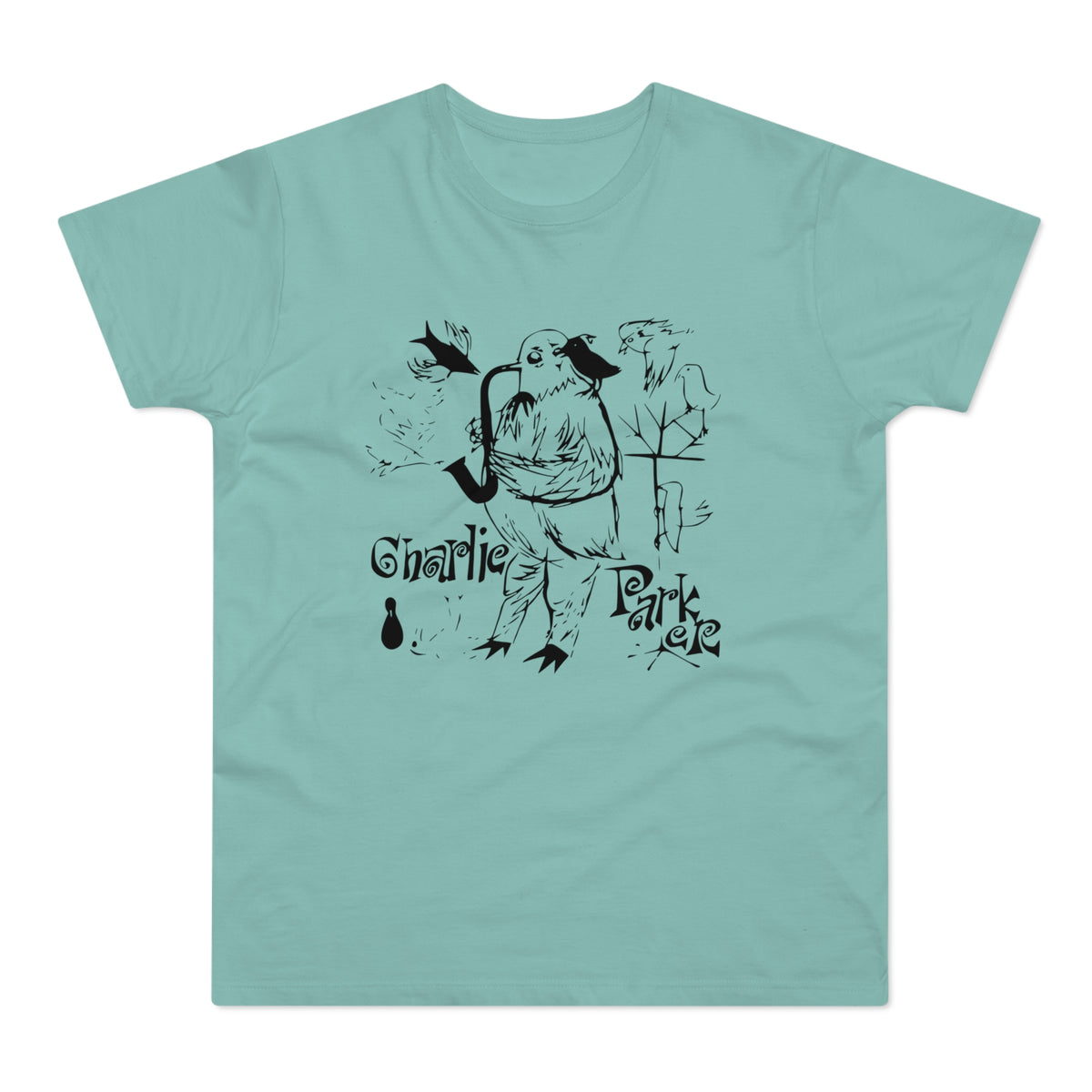 Bird playing saxophone with "Charlie Parker" text in black ink on a teal t-shirt.