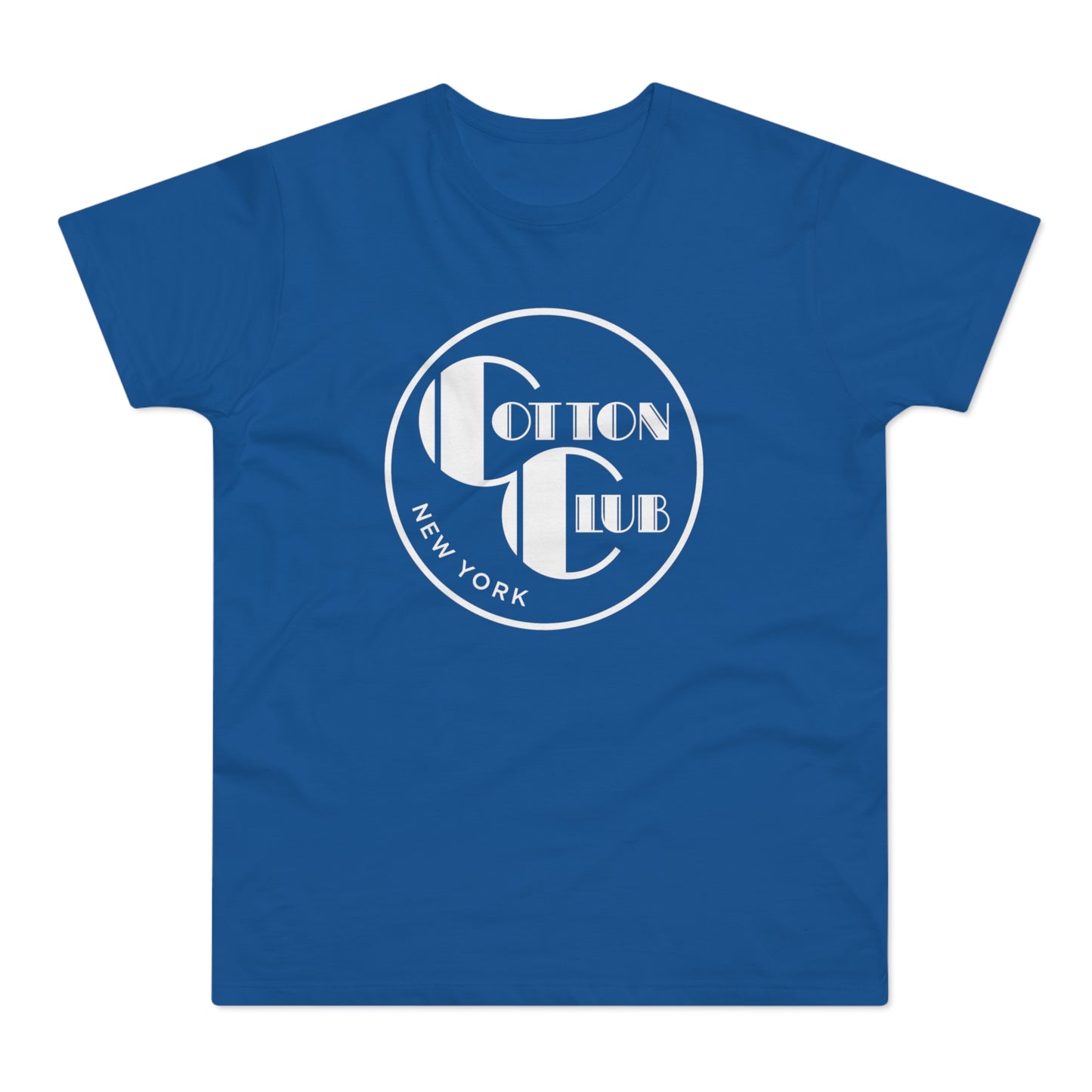 Blue t-shirt with white circular Cotton Club New York logo.