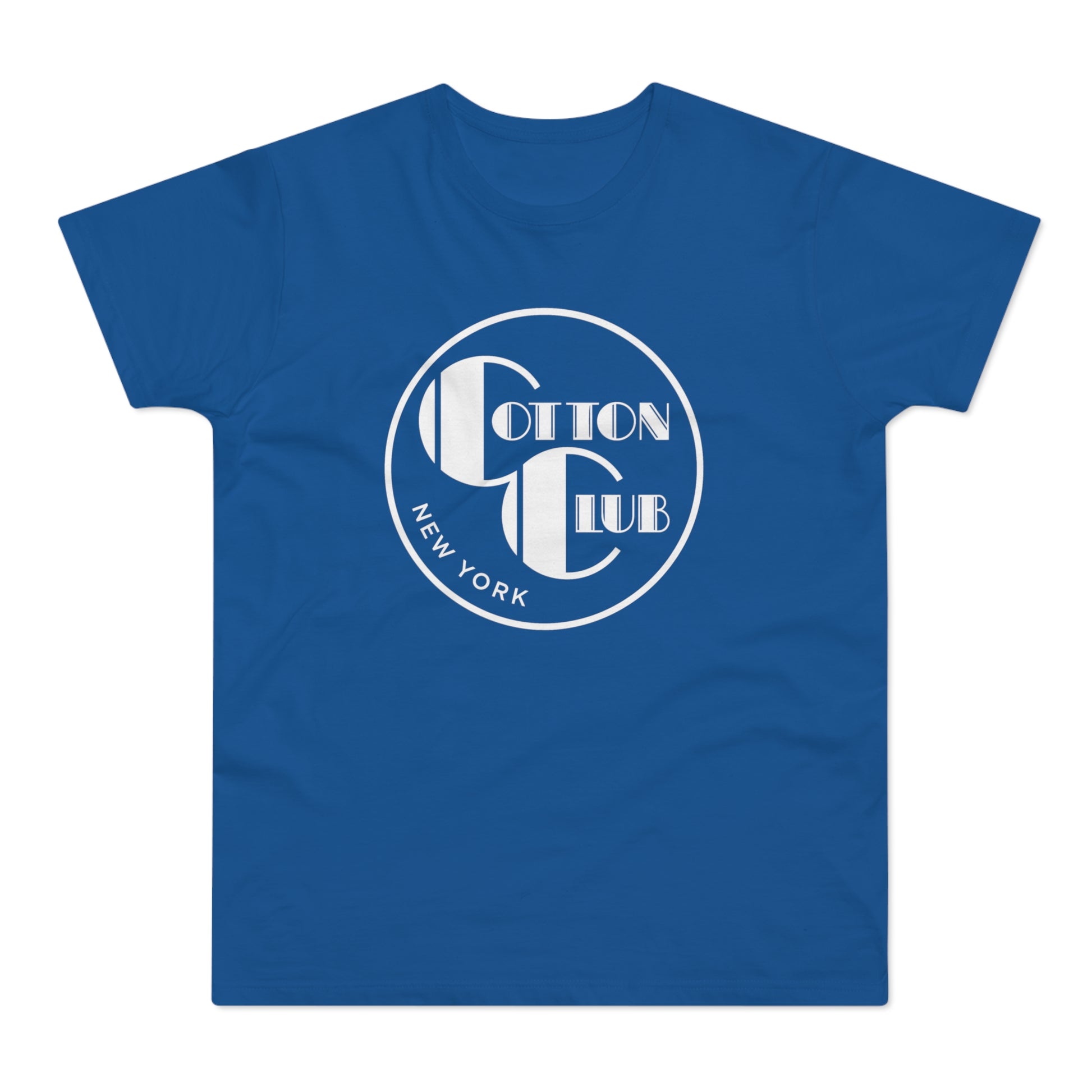 Blue t-shirt with white circular Cotton Club New York logo.
