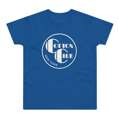 Blue t-shirt with white circular Cotton Club New York logo.