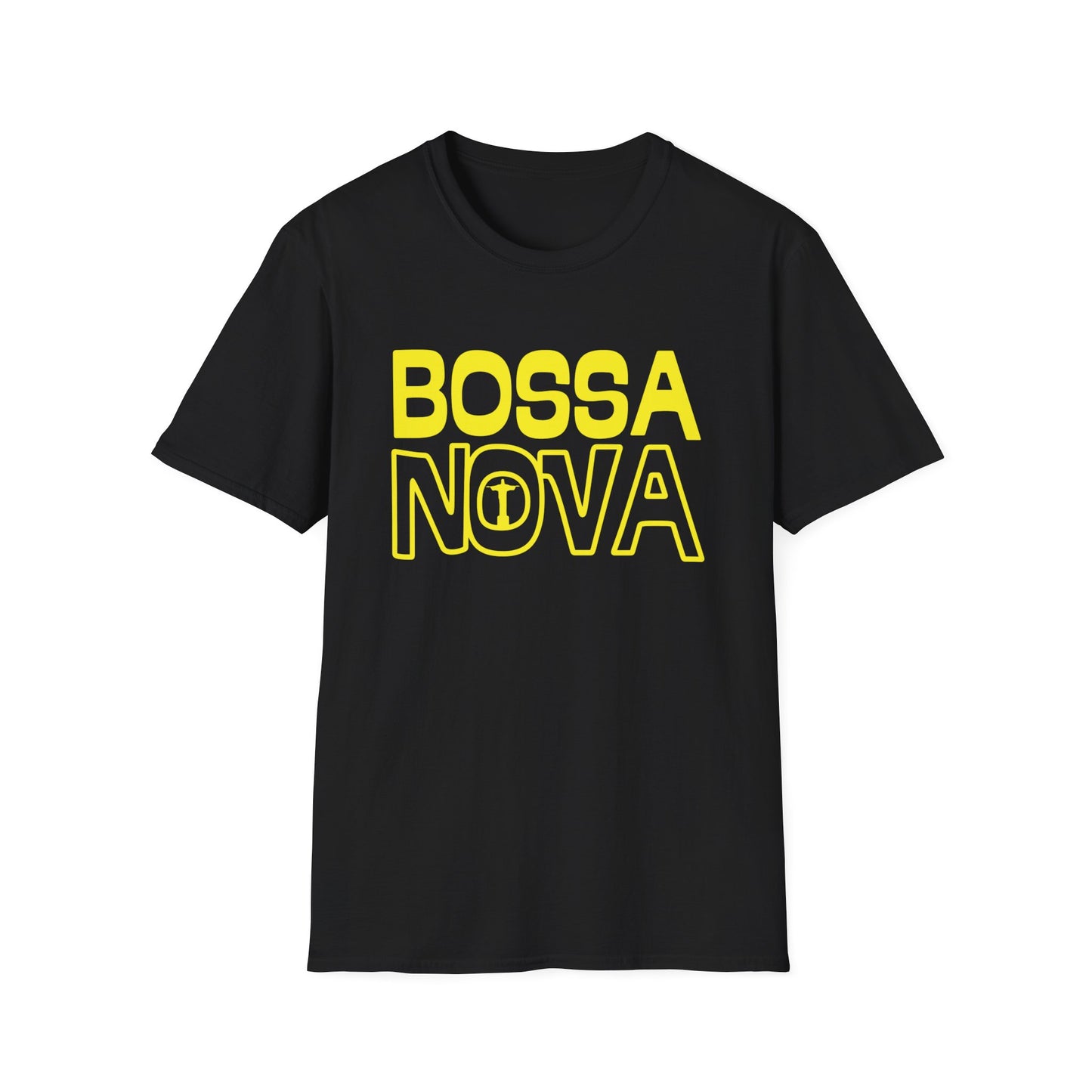 Black t-shirt with yellow "BOSSA NOVA" text and Christ the Redeemer graphic.