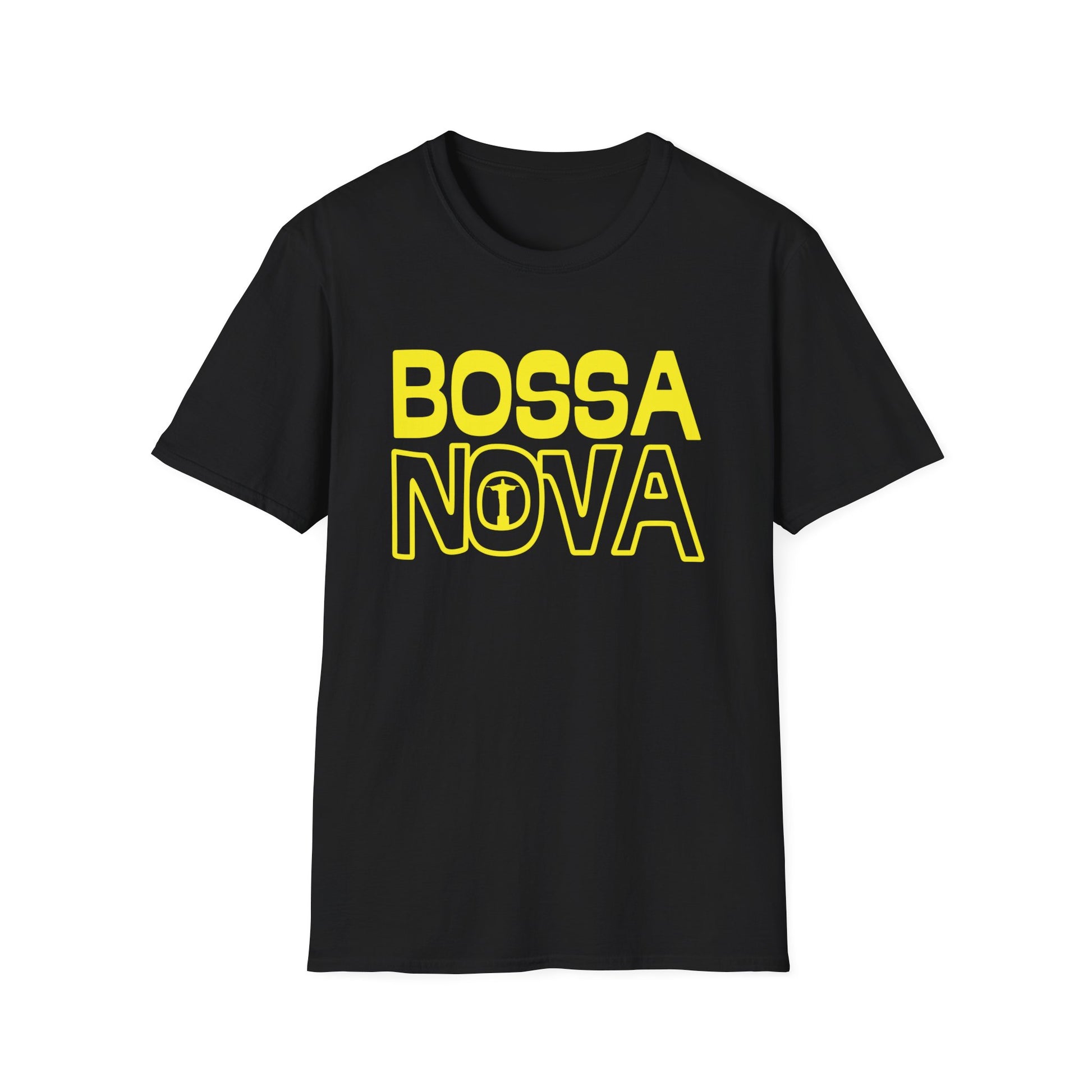 Black t-shirt with yellow "BOSSA NOVA" text and Christ the Redeemer graphic.