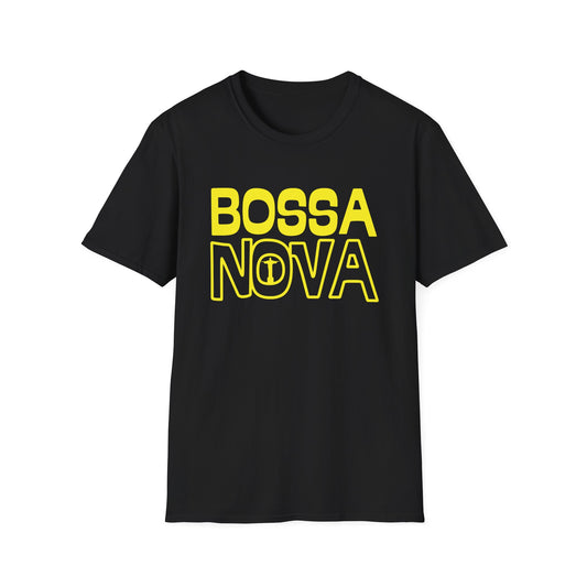 Black t-shirt with yellow "BOSSA NOVA" text and Christ the Redeemer graphic.