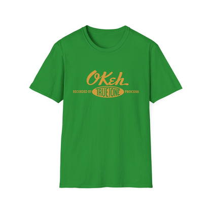 Green t-shirt with orange text "O'Keh Recorded by True Tone Process".