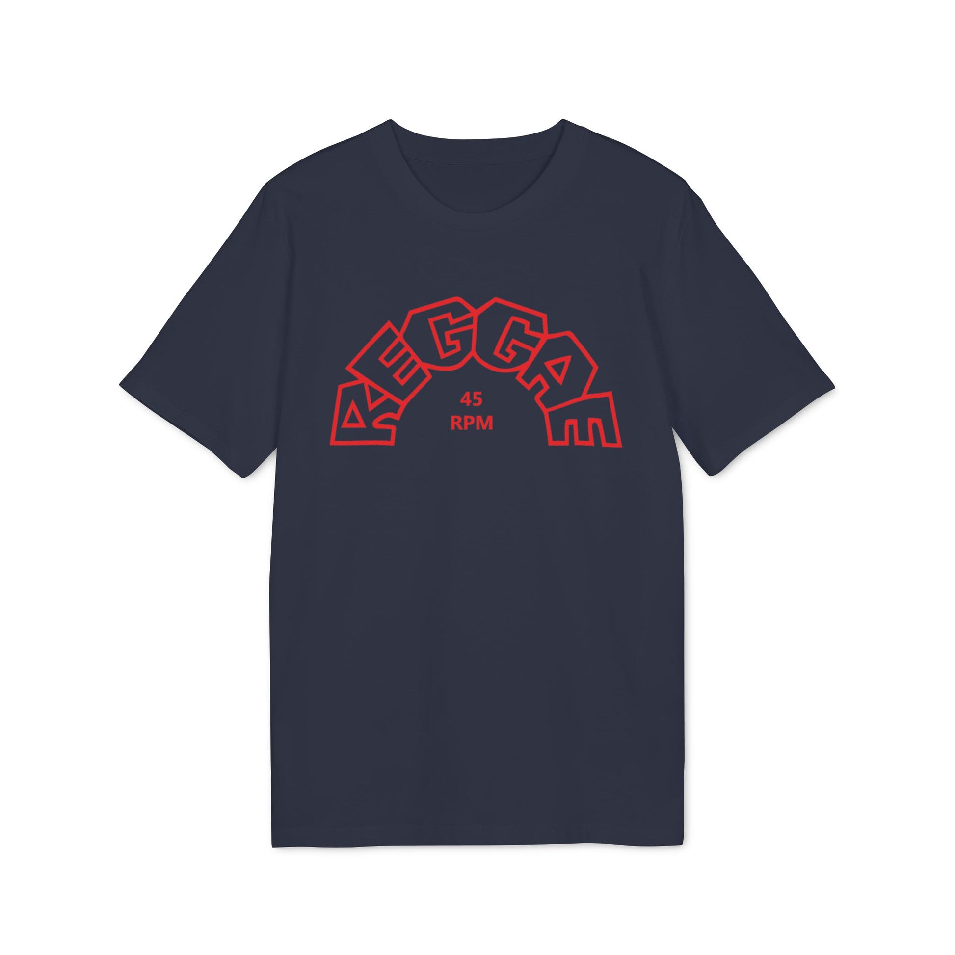 Navy t-shirt with red "REGGAE 45 RPM" text in an arched, block font.