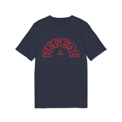Navy t-shirt with red "REGGAE 45 RPM" text in an arched, block font.