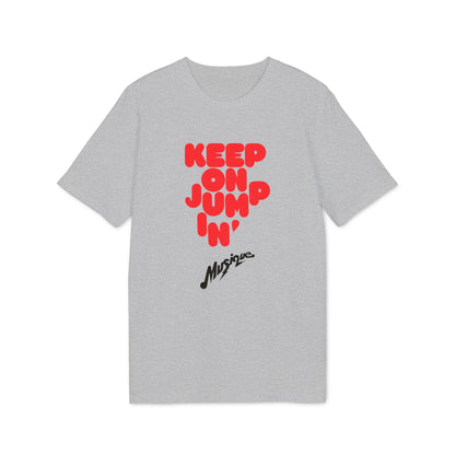 Grey t-shirt with red text "KEEP ON JUMP 'N'" and black text "Musique".