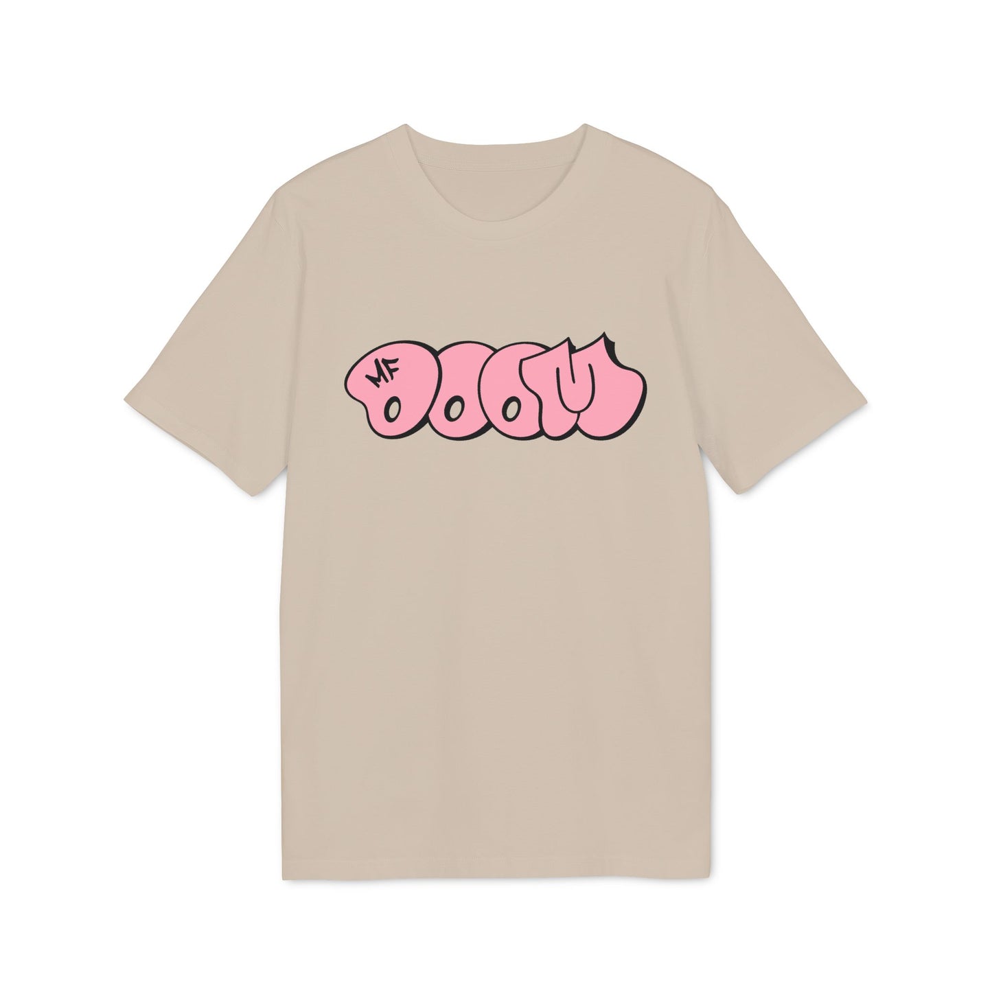 Beige t-shirt with pink graphic text and "MF" logo.