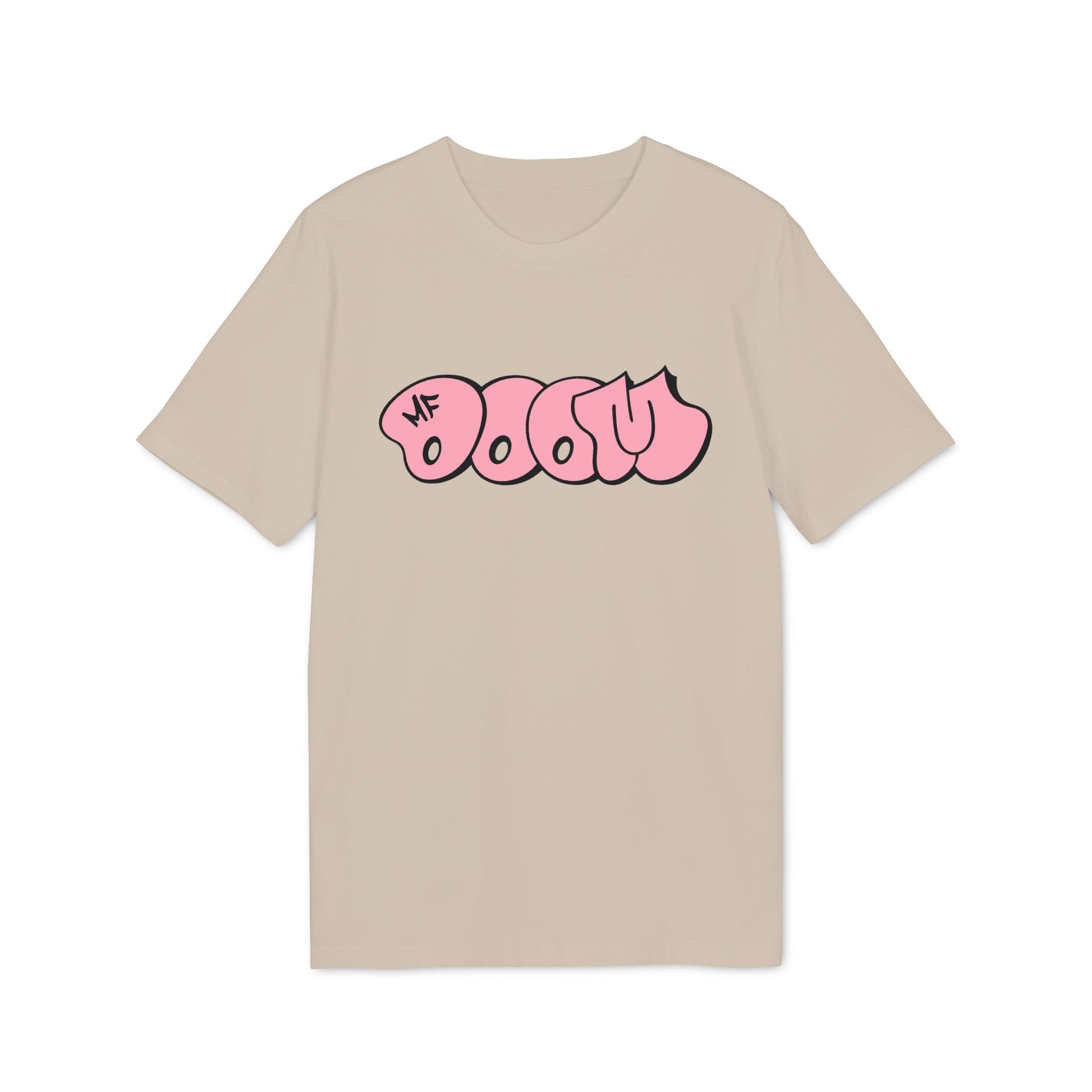 Beige t-shirt with pink graphic text and "MF" logo.