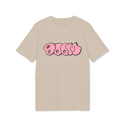 Beige t-shirt with pink graphic text and "MF" logo.