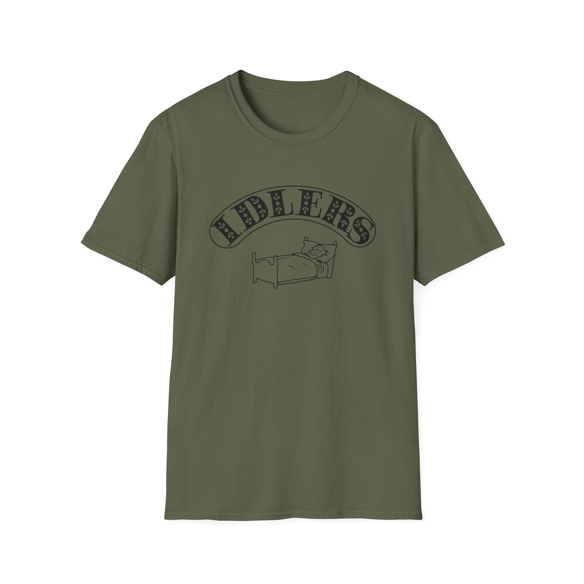 Olive green t-shirt with "RIDLERS" text and a drawing of a person sleeping in bed.