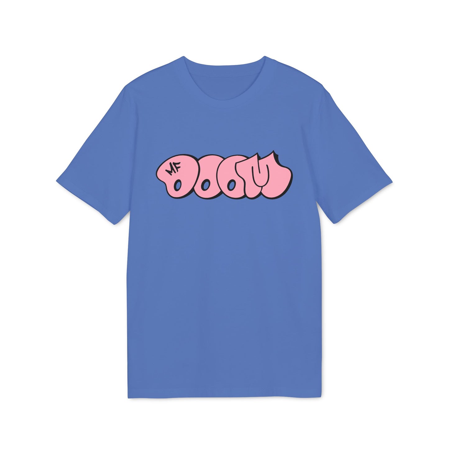 Blue t-shirt with pink bubble letters that read "MF Doom".