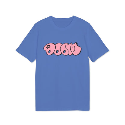 Blue t-shirt with pink bubble letters that read "MF Doom".