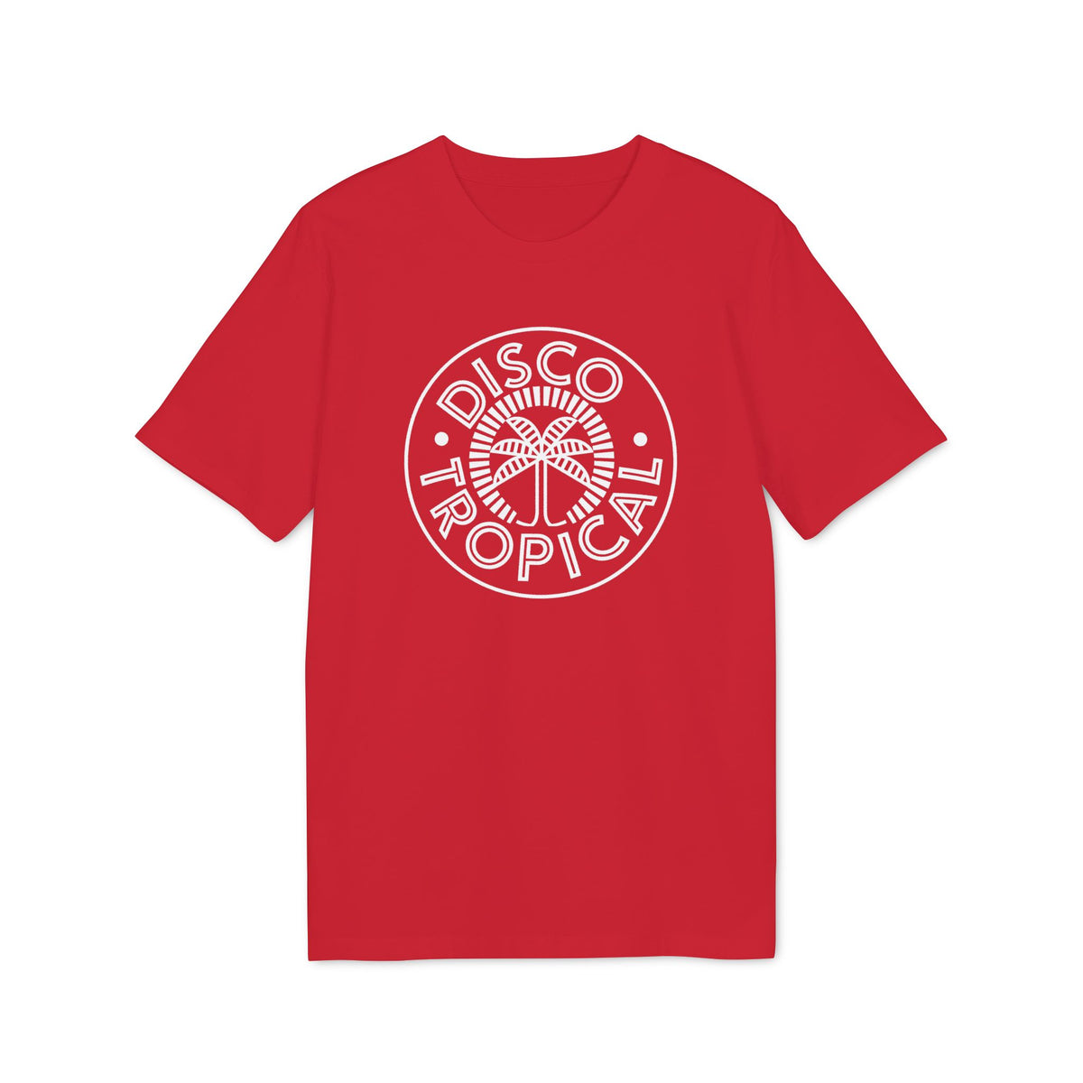 Red t-shirt with white "Disco Tropical" text and palm tree graphic.