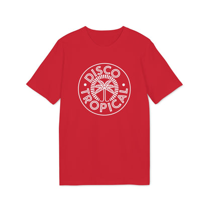 Red t-shirt with white "Disco Tropical" text and palm tree graphic.
