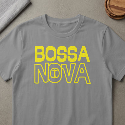Grey t-shirt with yellow text "BOSSA NOVA" and an outline of Christ the Redeemer statue.
