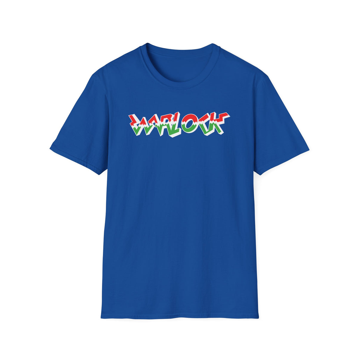 Blue t-shirt with the word "WARLOCK" in stylized red, white, and green lettering.