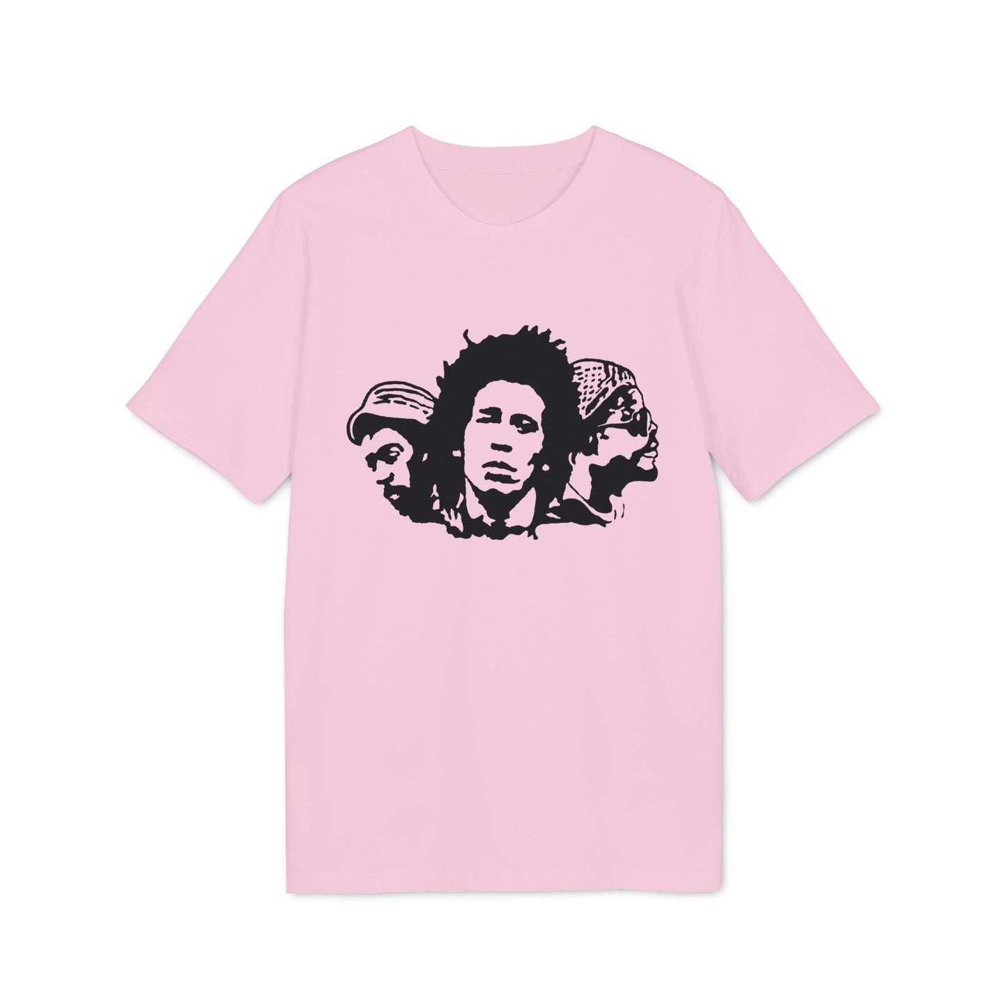 Pink t-shirt with black graphic of three stylized faces in a row.