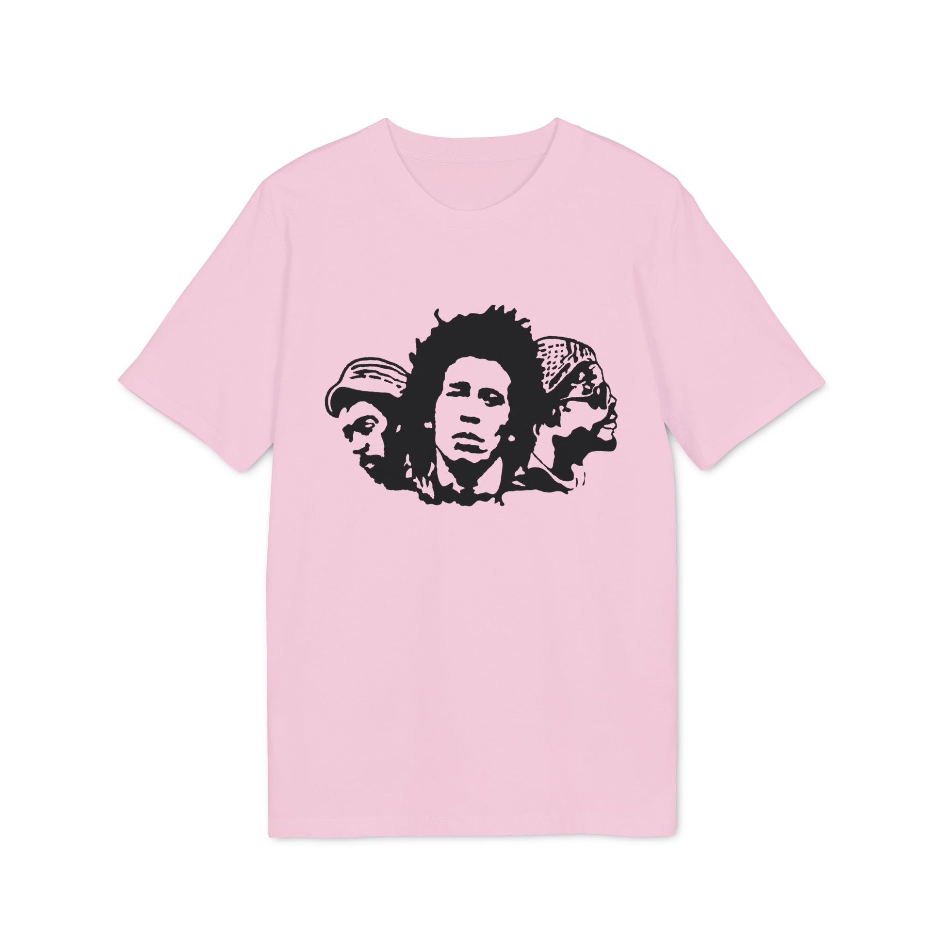 Pink t-shirt with black graphic of three stylized faces in a row.