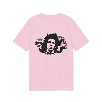 Pink t-shirt with black graphic of three stylized faces in a row.