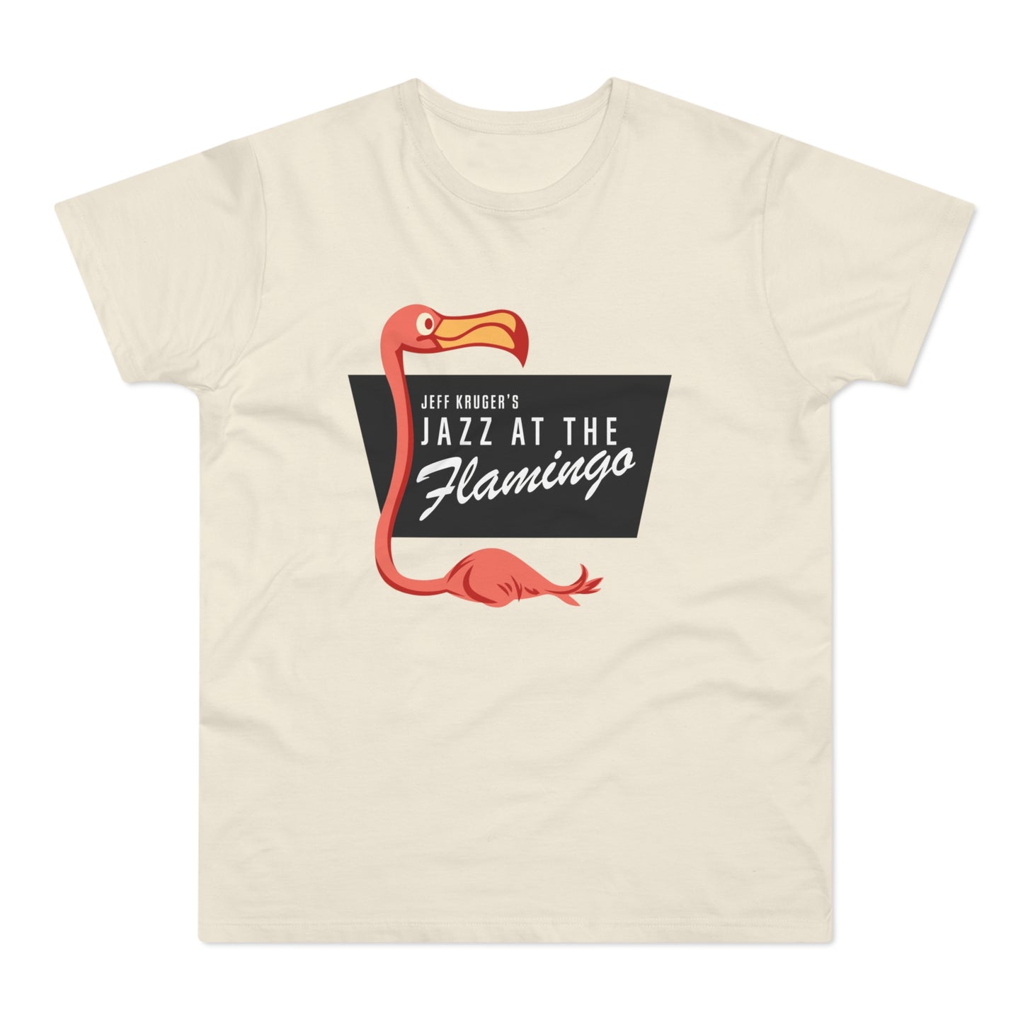 Cream t-shirt with a flamingo graphic and text "Jeff Kruger's Jazz at The Flamingo".