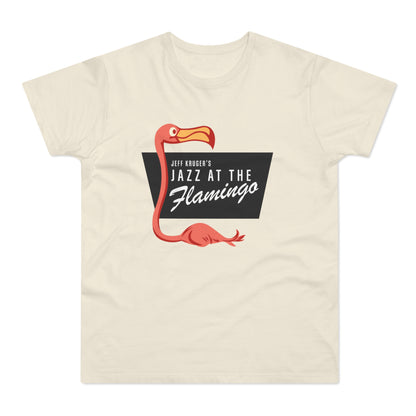 Cream t-shirt with a flamingo graphic and text "Jeff Kruger's Jazz at The Flamingo".